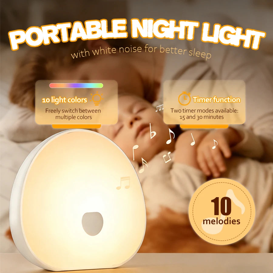 Mini Night Light with White Noise, 10 Soothing Sounds, 15/30min Timer, Colorful Lighting, Portable Night Light as Christmas Gift
